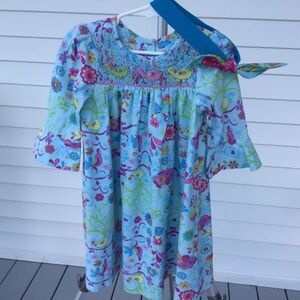 Marmellata Smocked Dress, Toddler, 4T, Blue Figured Birdswith matching Headband.